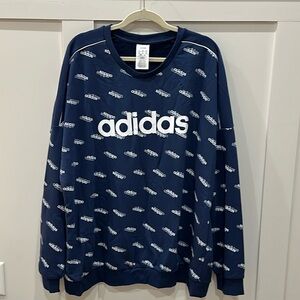 Adidas Men's Pullover Crewneck Allover Adidas Print Blue Sweatshirt Size 2XL